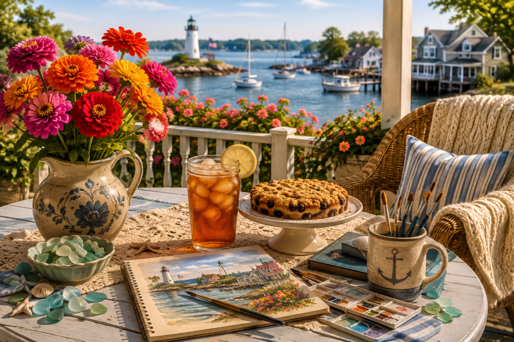 Colorful zinnias, iced tea and homemade treats on a coastal porch overlooking Bayshore Bluff harbor.