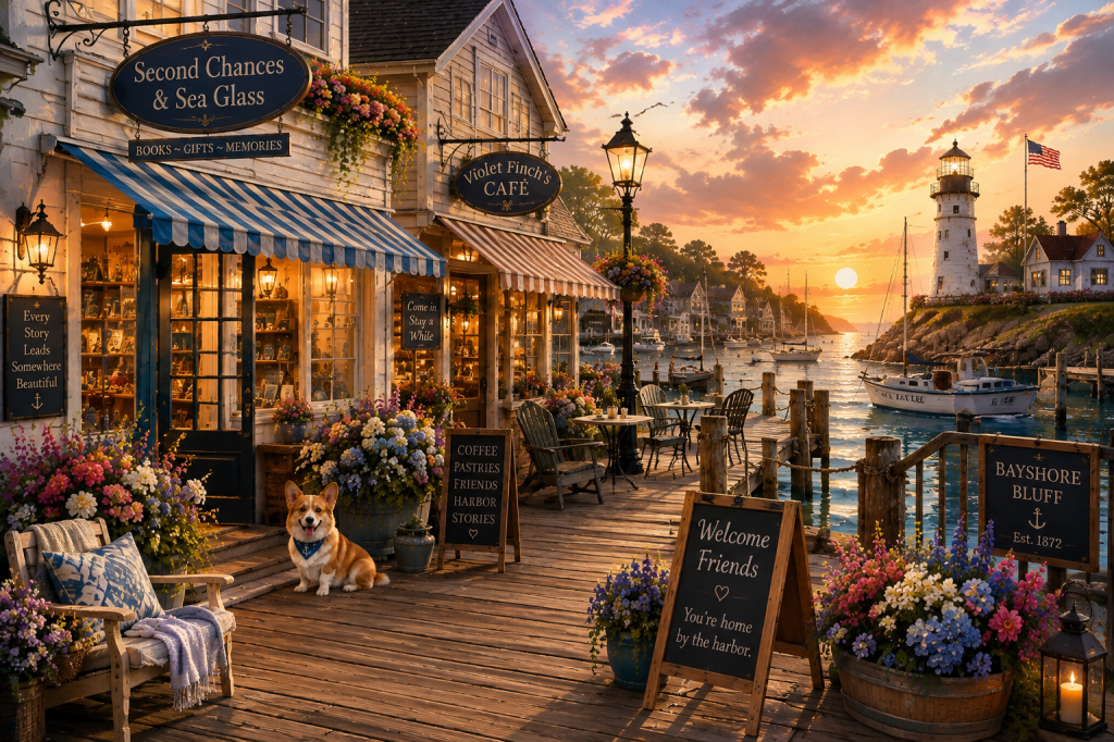 Cozy Bayshore Bluff harbor with shops, flowers, lighthouse, and waterfront