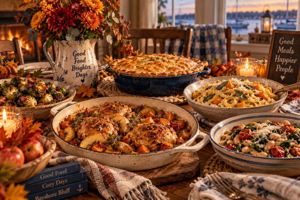 Cozy fall dinner table with chicken, pasta, pot pie and seasonal autumn dishes overlooking Bayshore Bluff harbor